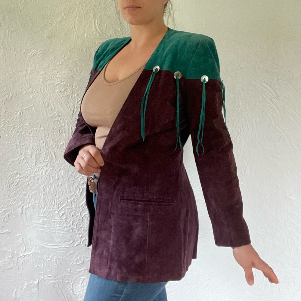 Vintage 70s 80s Lotus Suede Leather Two Tone Blazer Jacket with Fringe D…